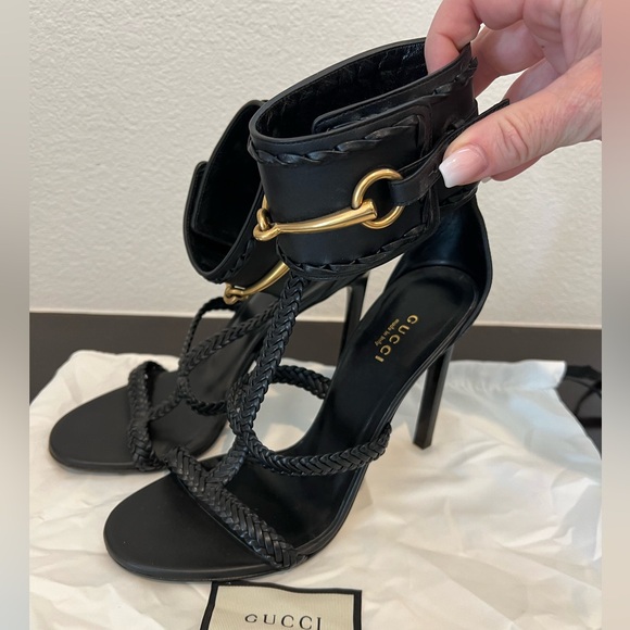 Gucci Black Leather & Gold Horse Bit Ankle Cuff Stiletto Heel Gladiator Sandal - Picture 3 of 15